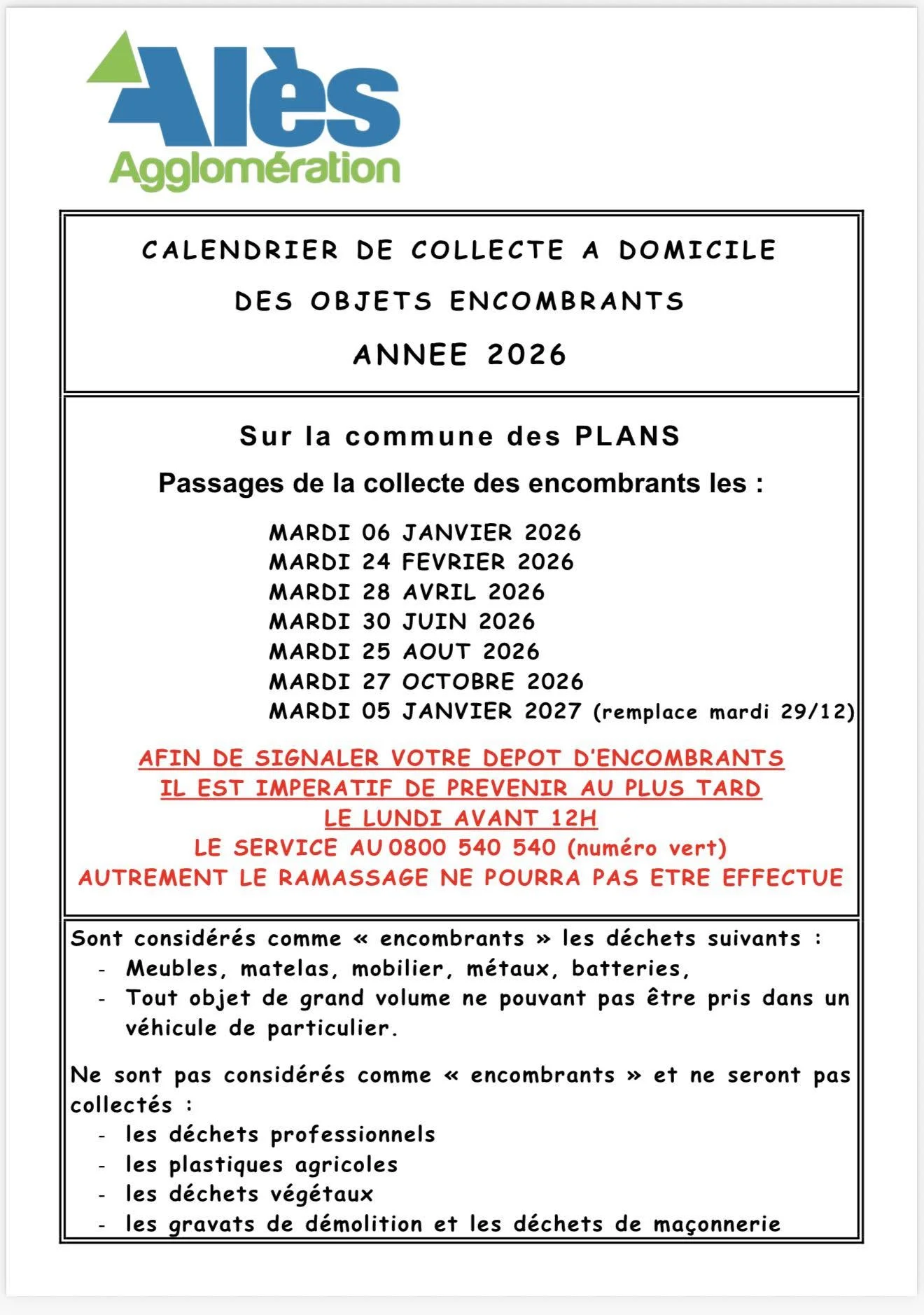 Illustration : Calendrier de collecte des encombrants année 2026